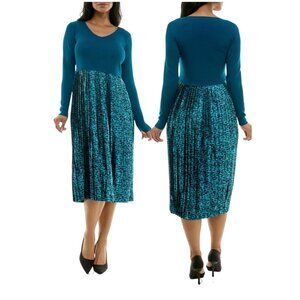 Nina Leonard Womens Long Sleeve Mixed Media Dress Teal Multi Size Small